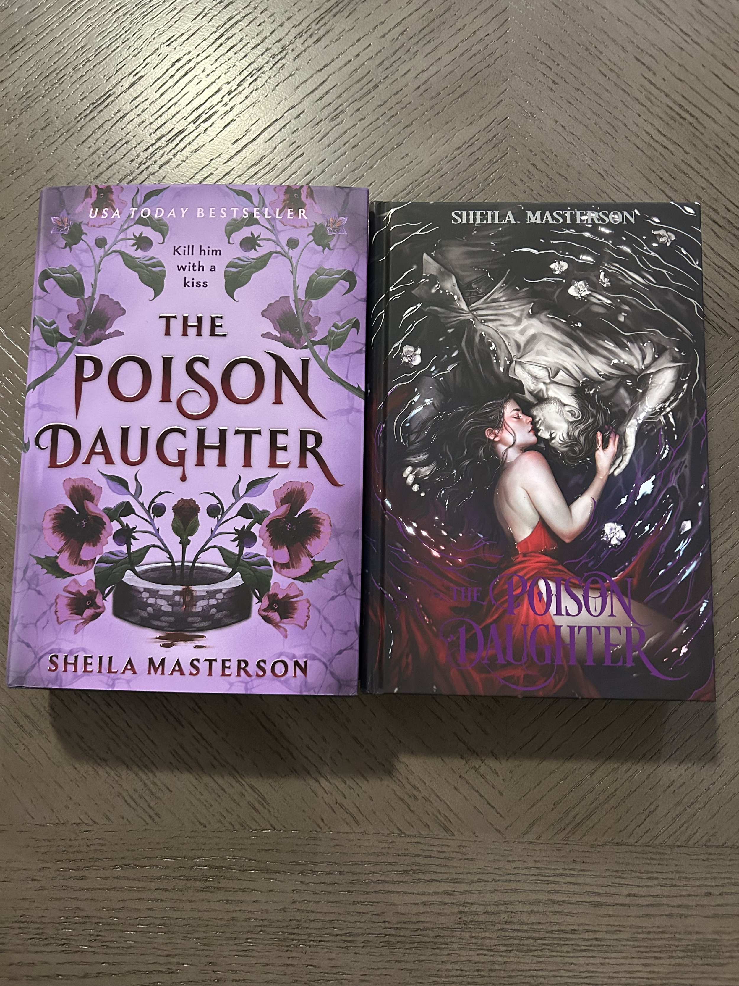 Two editions of The Poison Daughter by Sheila Masterson side by side: a lavender floral retail hardcover edition and a dark illustrated Coveted Cover edition.