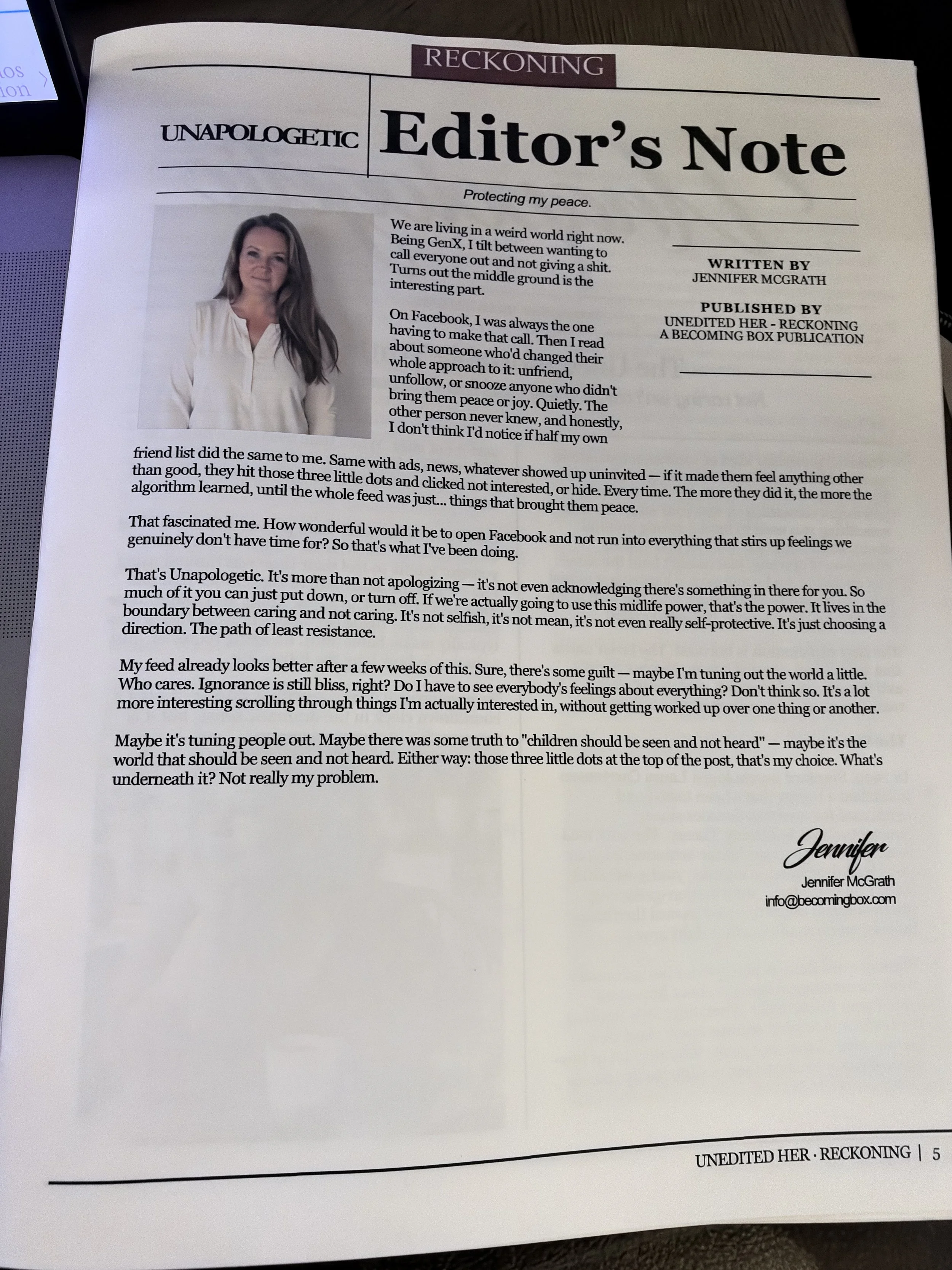 Editor's Note page from Unedited Her magazine.