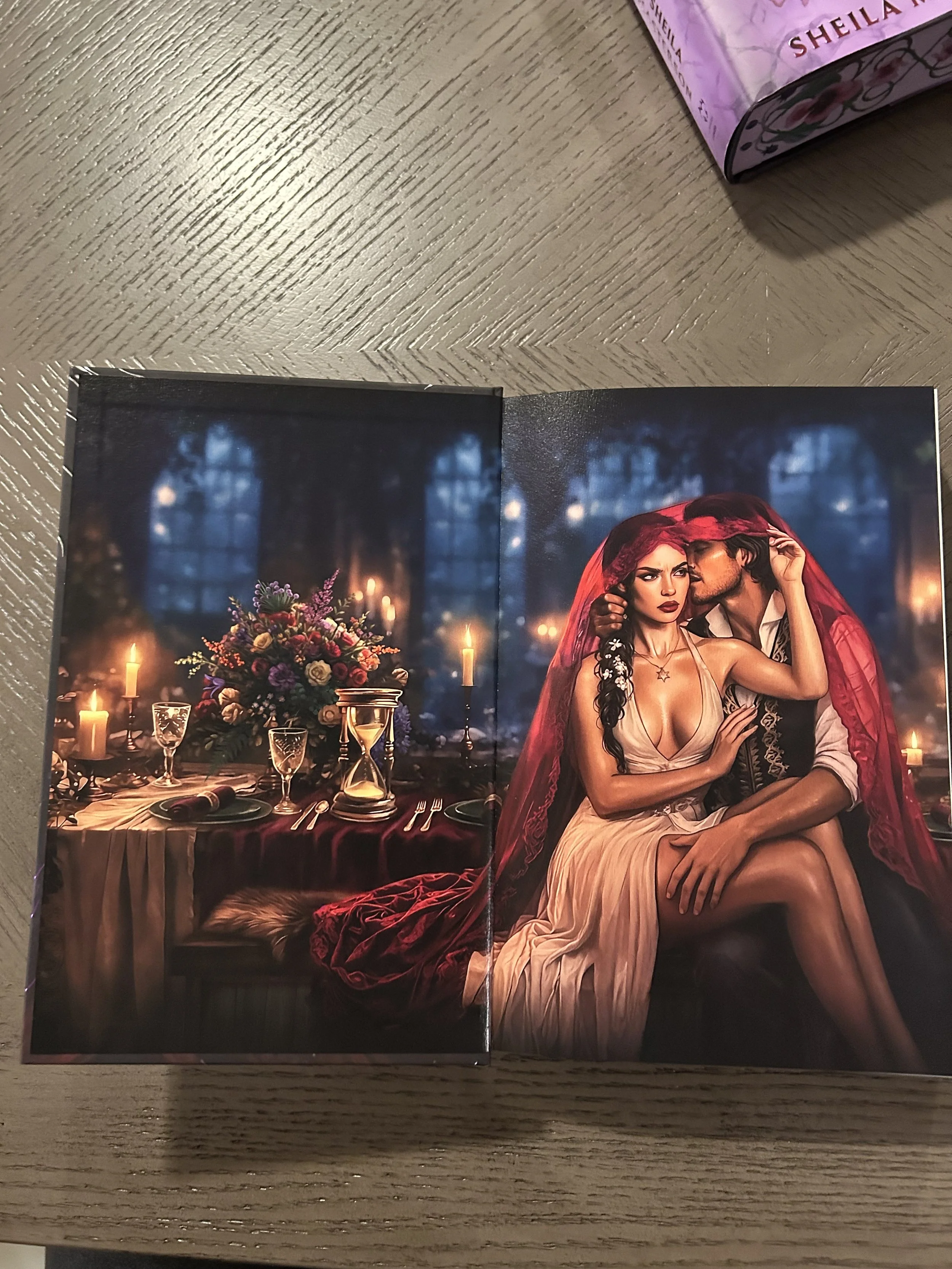 Illustrated front endpapers in the Coveted Cover edition showing Harlow and Henry seated together at a candlelit table