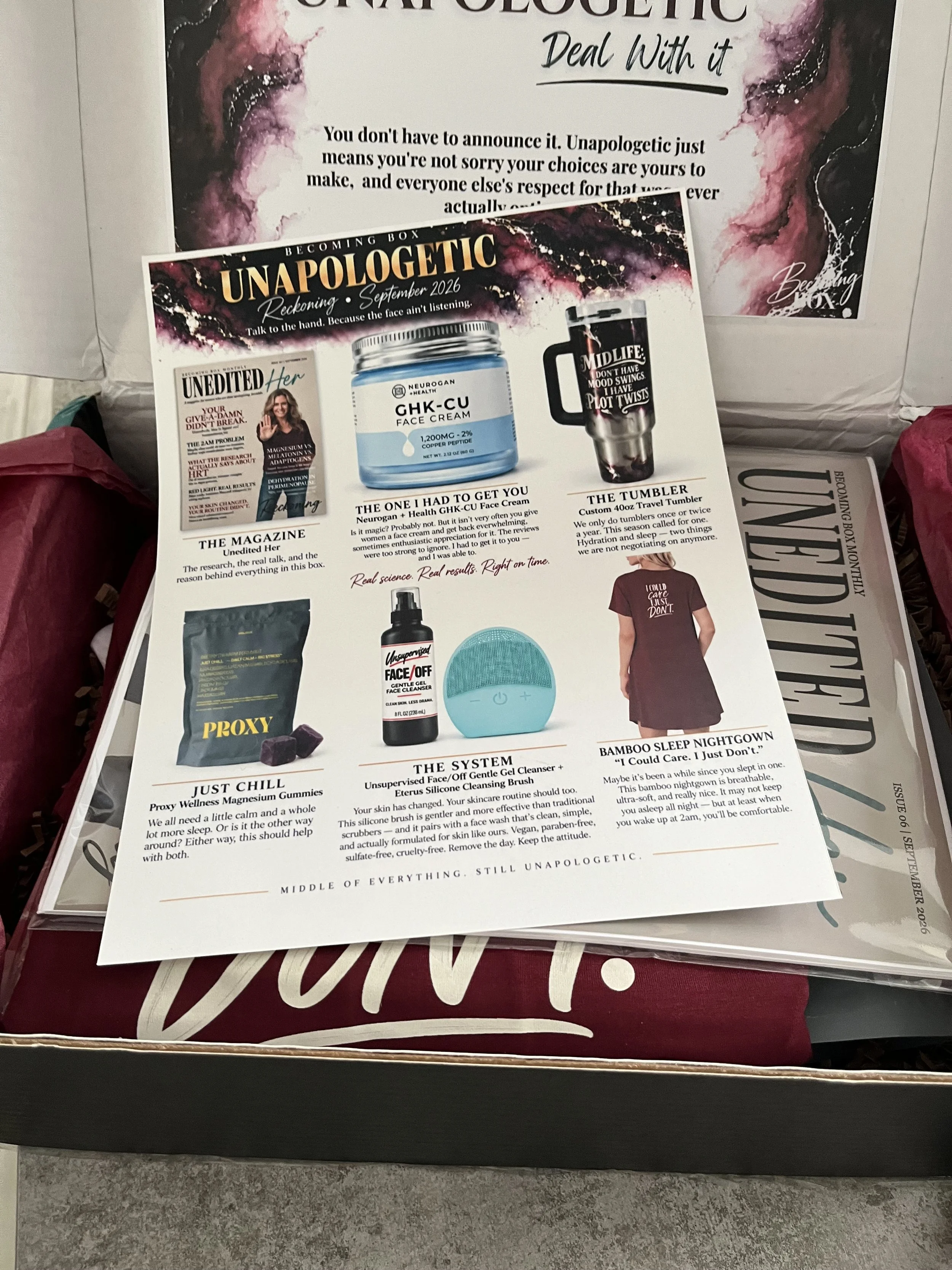 Becoming Box contents listing items in the September 2026 "Unapologetic " box