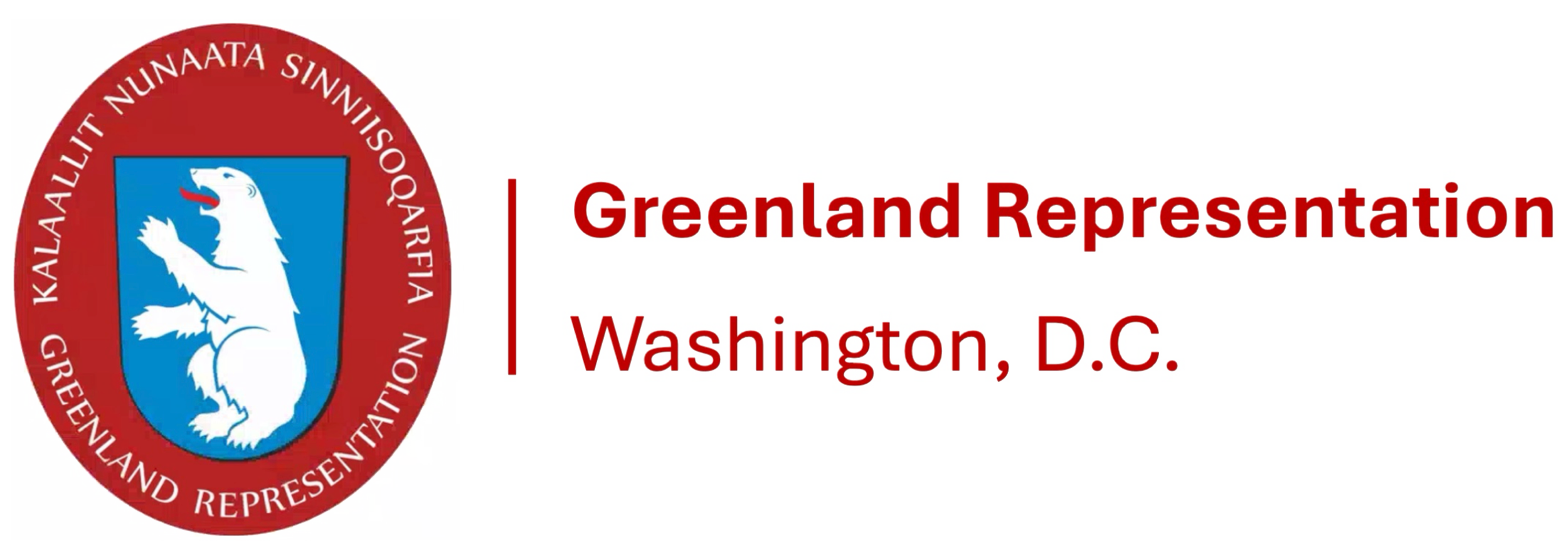 Seal of Greenland Representation with a white polar bear silhouette on a blue shield, encircled by a red band with white text, next to the text "Greenland Representation Washington, D.C." in red.