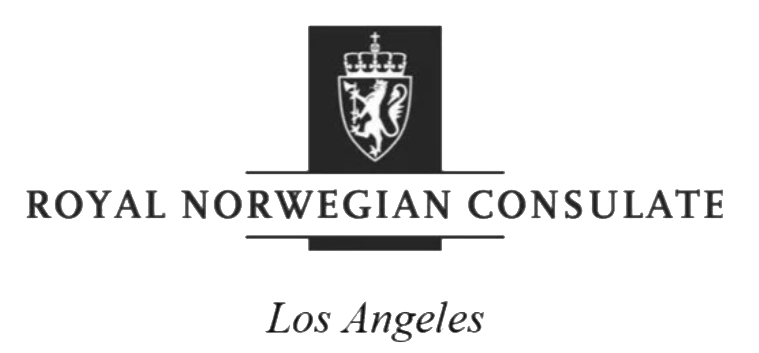 The emblem of the Royal Norwegian Consulate, with a black and white shield featuring a lion holding an axe, and the text 'ROYAL NORWEGIAN CONSULATE Los Angeles' underneath.