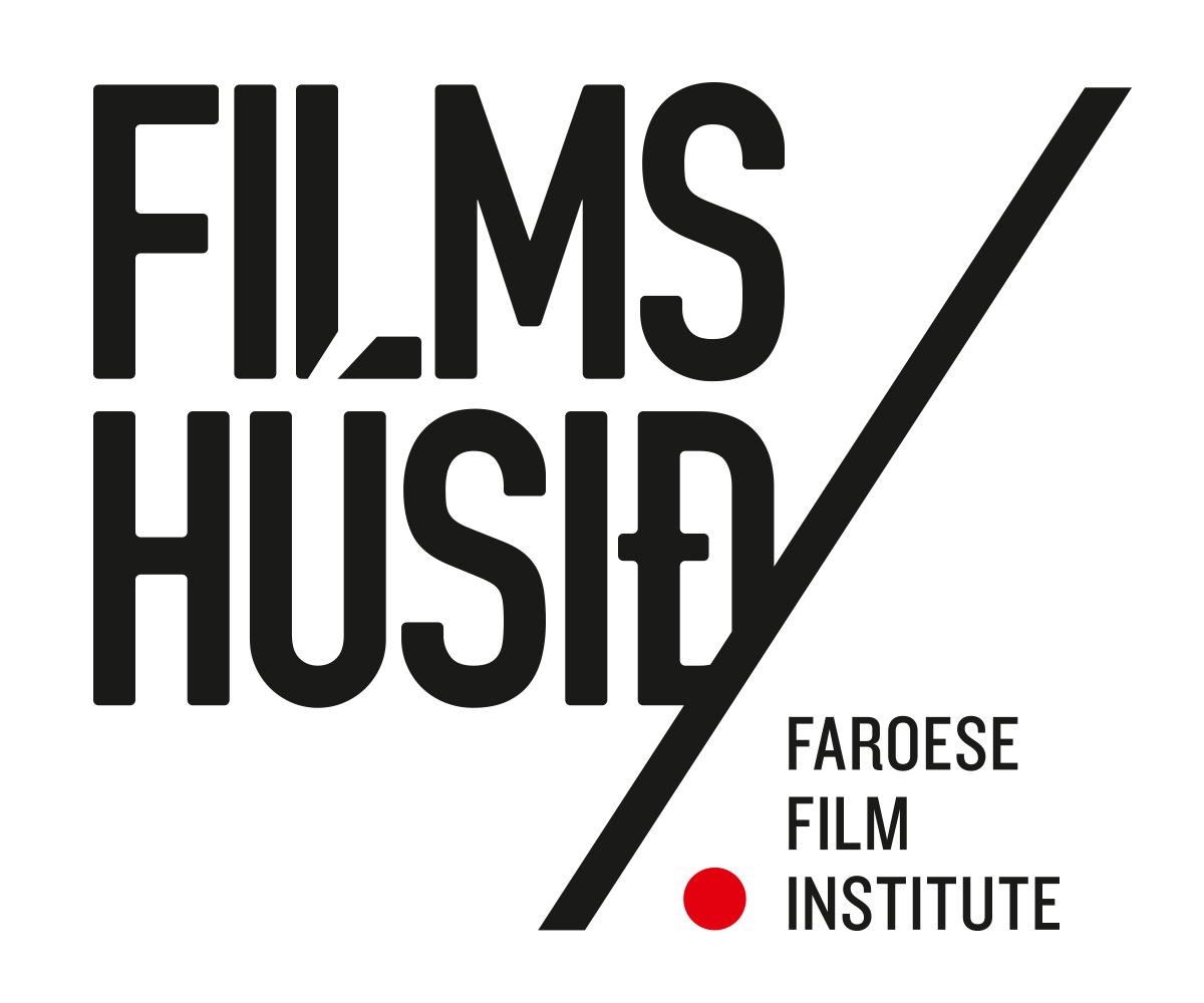 Logo for Faroese Film Institute with the words "Films / Hús /" and "Faroese Film Institute" in black text, separated by a diagonal line and a red dot.
