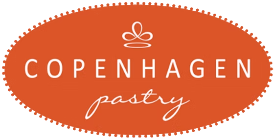 Copenhagen Pastry logo with orange oval background, white text, and decorative swirl above the brand name.