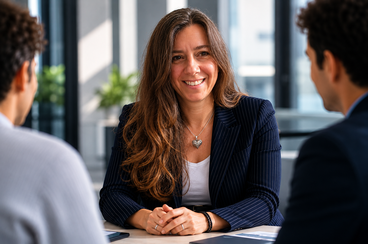 Eine Frau im Business-Outfit sitzt bei einer Besprechung mit zwei Männern in einem modernen Büro.