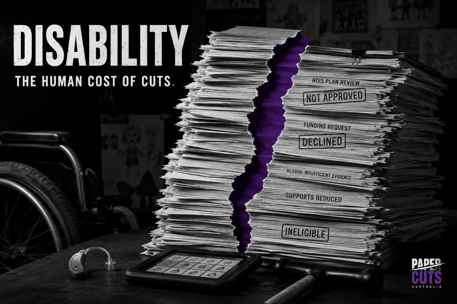 A large stack of crumpled and torn papers on a table, with labels indicating 'not approved', 'declined', 'insufficient evidence', 'supports reduced', and 'ineligible'. The papers are torn down the middle with a purple streak. The background is black and gray with a wheelchair, a hearing aid, and a calculator with a grid of buttons visible on the table. The text overlay reads, 'Disability: The human cost of cuts.'