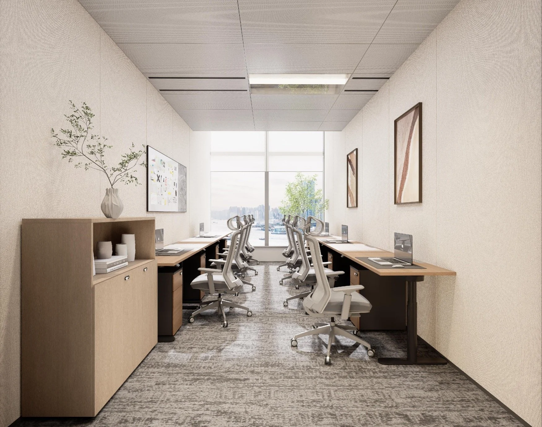 An empty modern office meeting room with white tables and black chairs, large window overlooking a city street, and hanging ceiling lights.