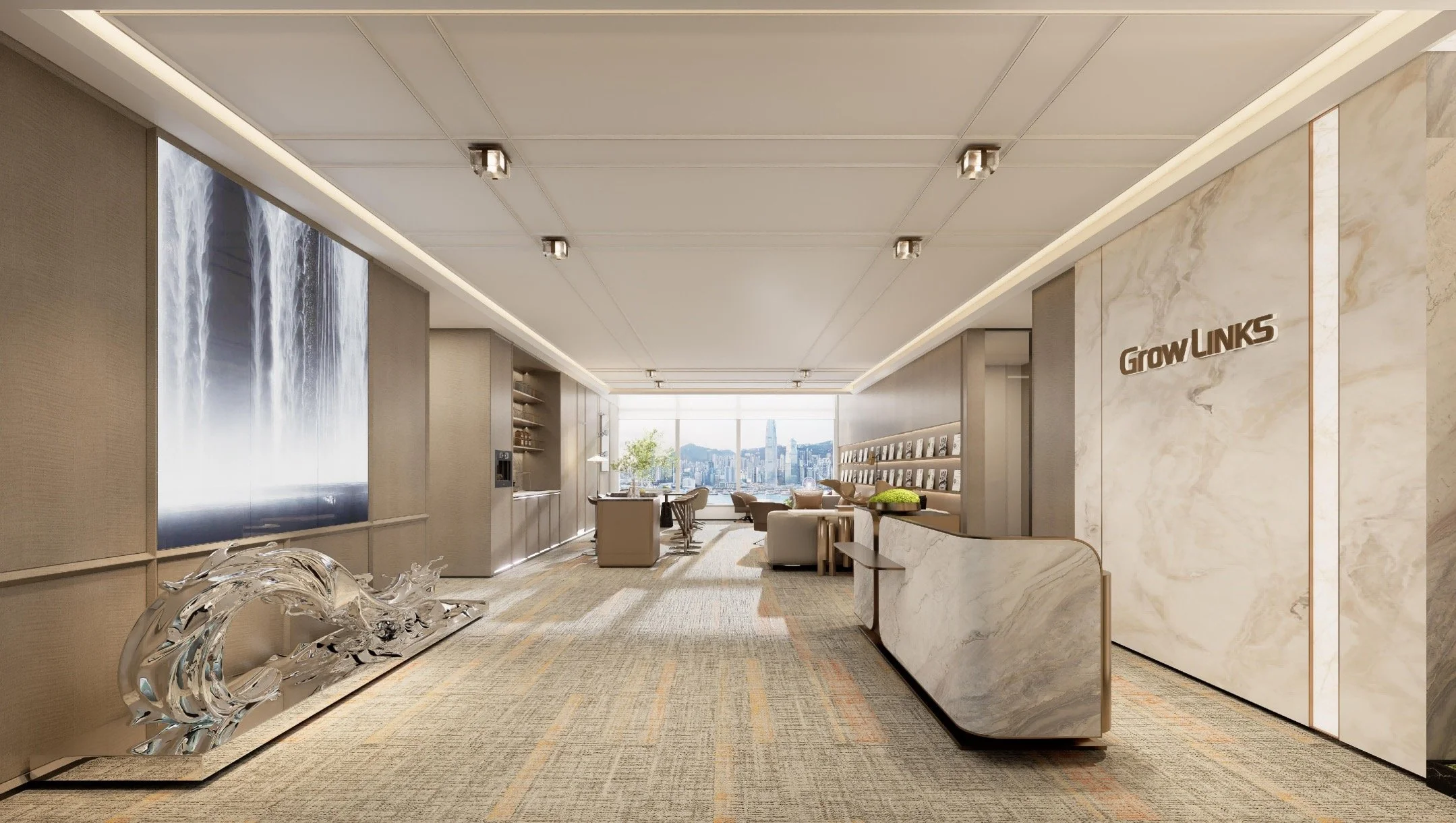 Office corridor with glass partition walls and modern furniture, illuminated by Edison-style hanging lights.