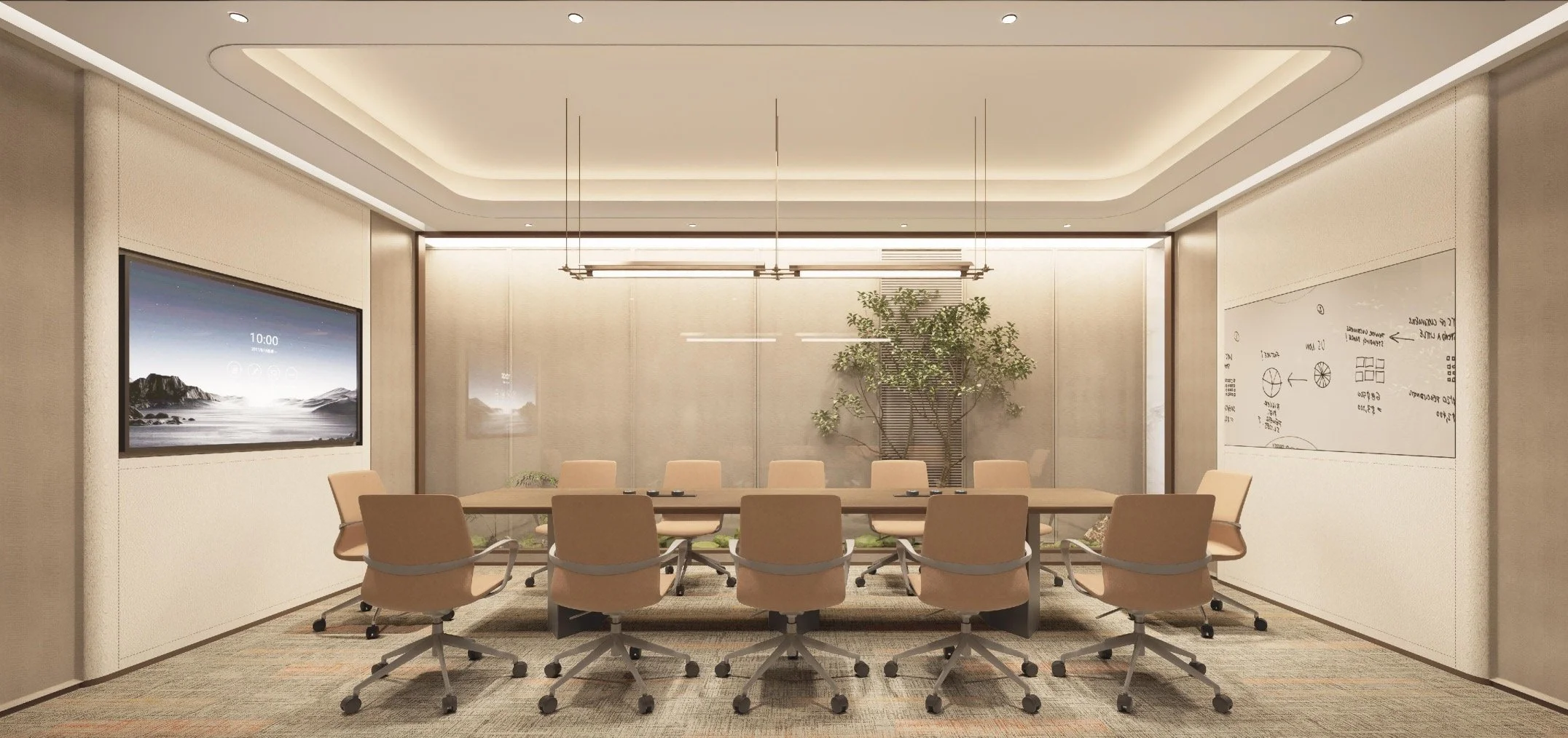 Modern classroom or meeting room with tables, black chairs, a large flat-screen TV on the wall, and a whiteboard on a mobile stand. There are large windows with sticky notes on the glass and hanging ceiling lights.