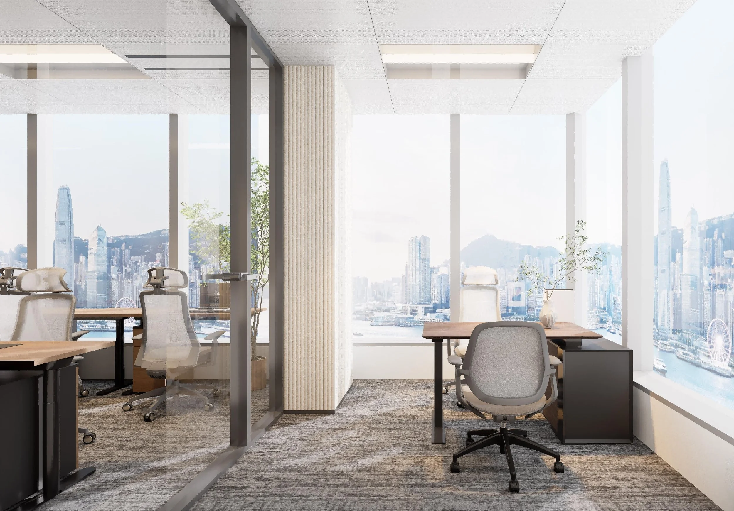 Interior of a modern coworking space with wooden and concrete accents, black chairs, desks, and large window overlooking street