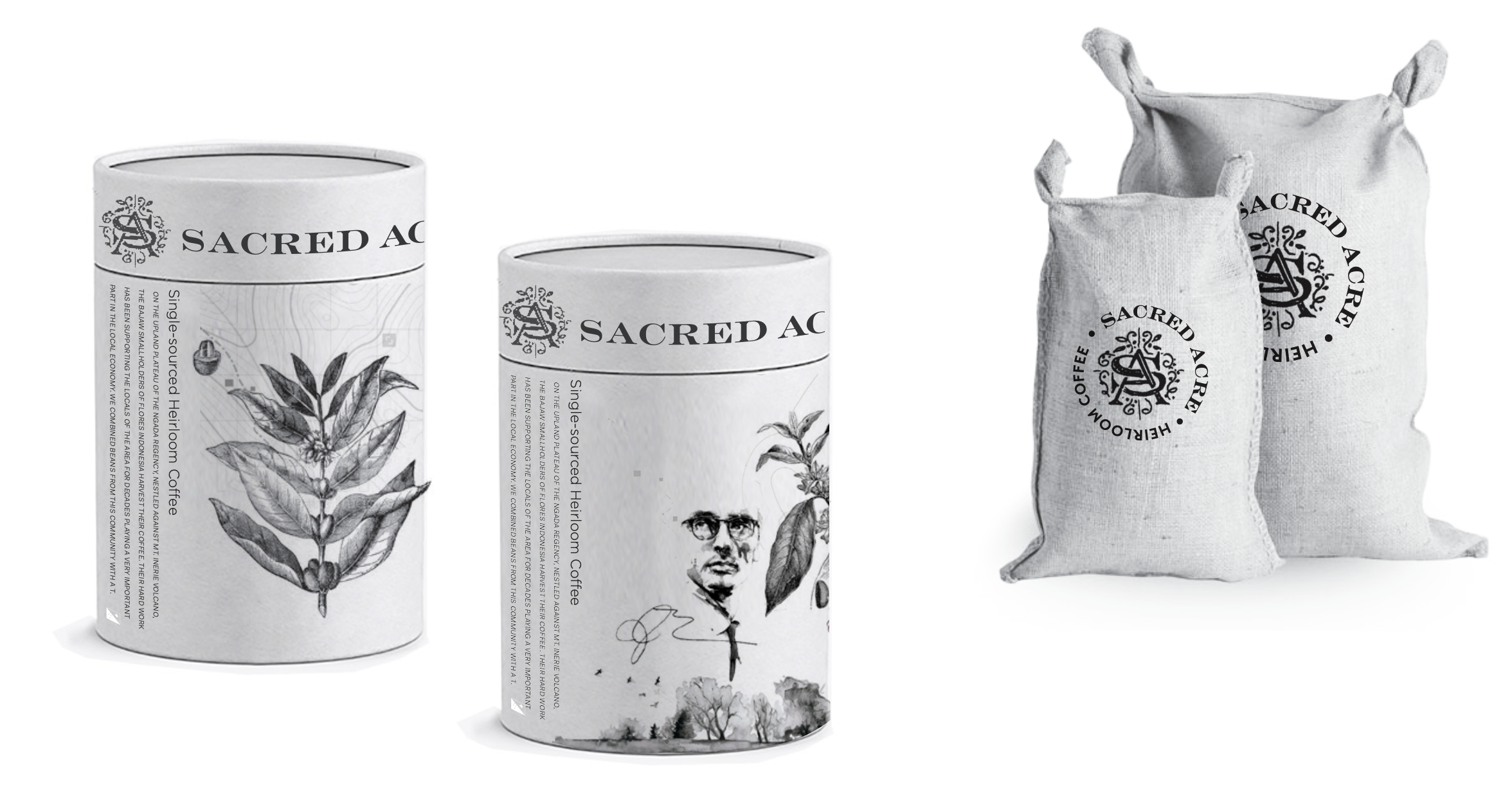 Two cylindrical coffee cans and two fabric bags with logo and text related to Sacred Acre. The cans feature botanical illustrations and text, while the fabric bags are plain with logo printing.