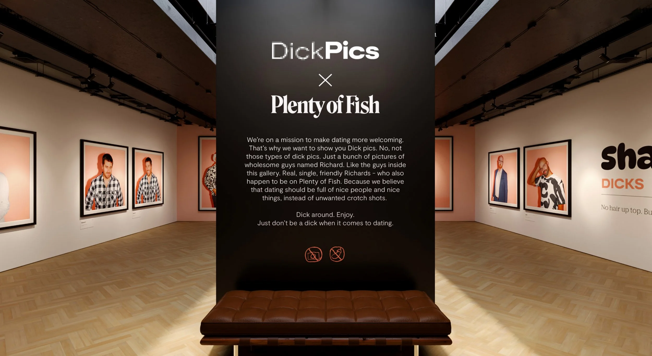 A marketing campaign featuring a digital gallery with portraits of men with upbeat expressions, displayed in black frames on walls. The central overlay explains a humorous show about dating and 'Dick pics', which are pictures of guys named Richard.