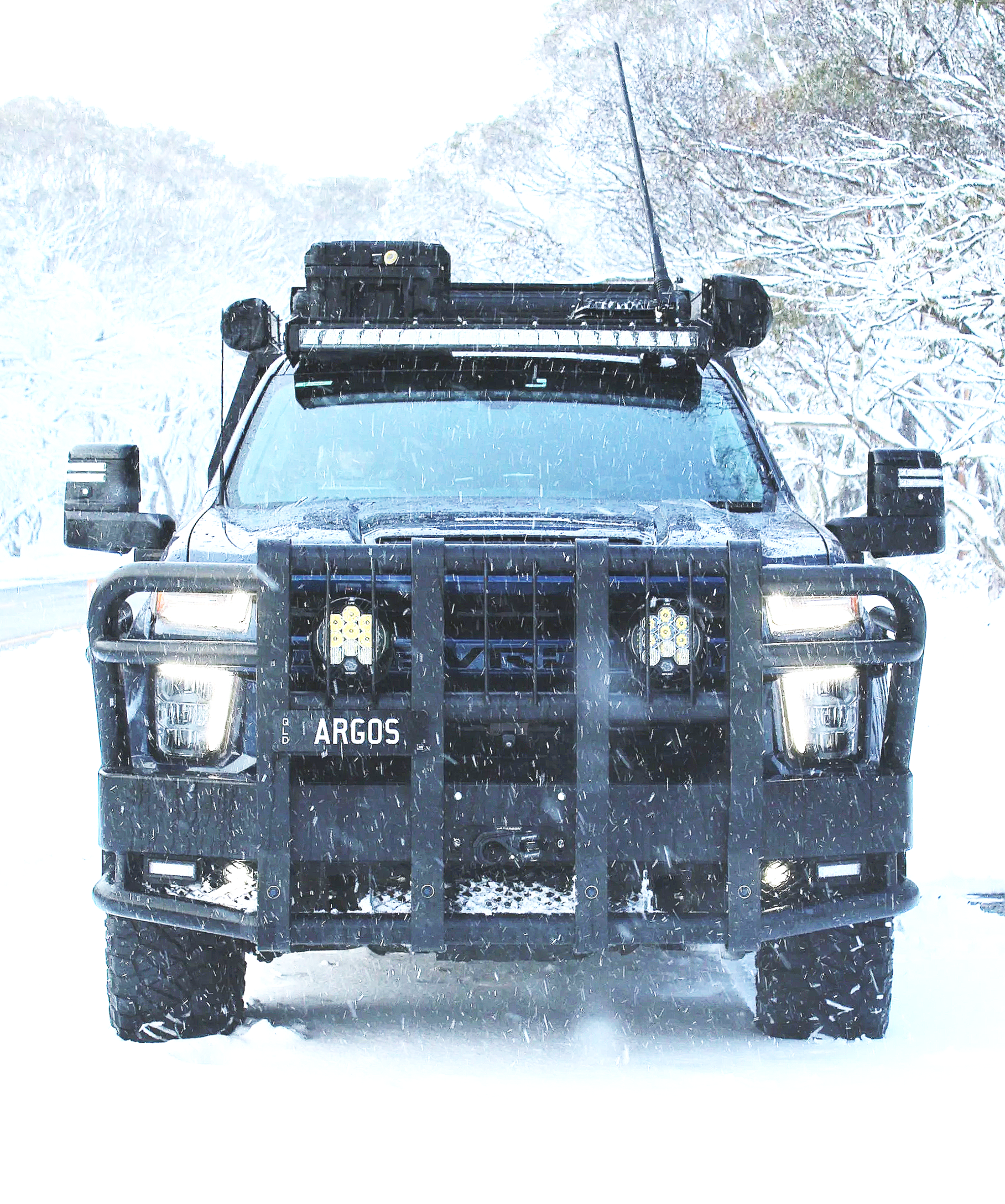 A black pickup truck with off-road accessories, including a roof rack, fog lights, and large tires, parked on snowy ground with snow-covered trees in the background.