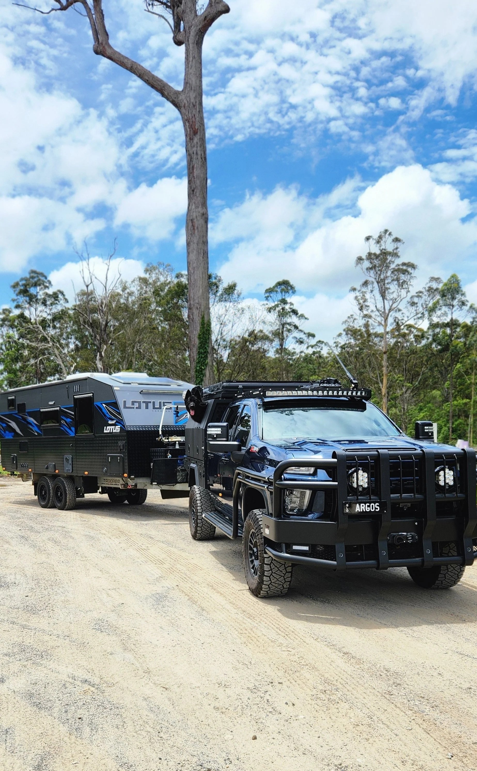 A black pickup truck with a front grille guard and off-road tires, parked on a dirt road, pulls a travel trailer in a wooded area with a tall, leafless tree, green trees, and a partly cloudy sky in the background.