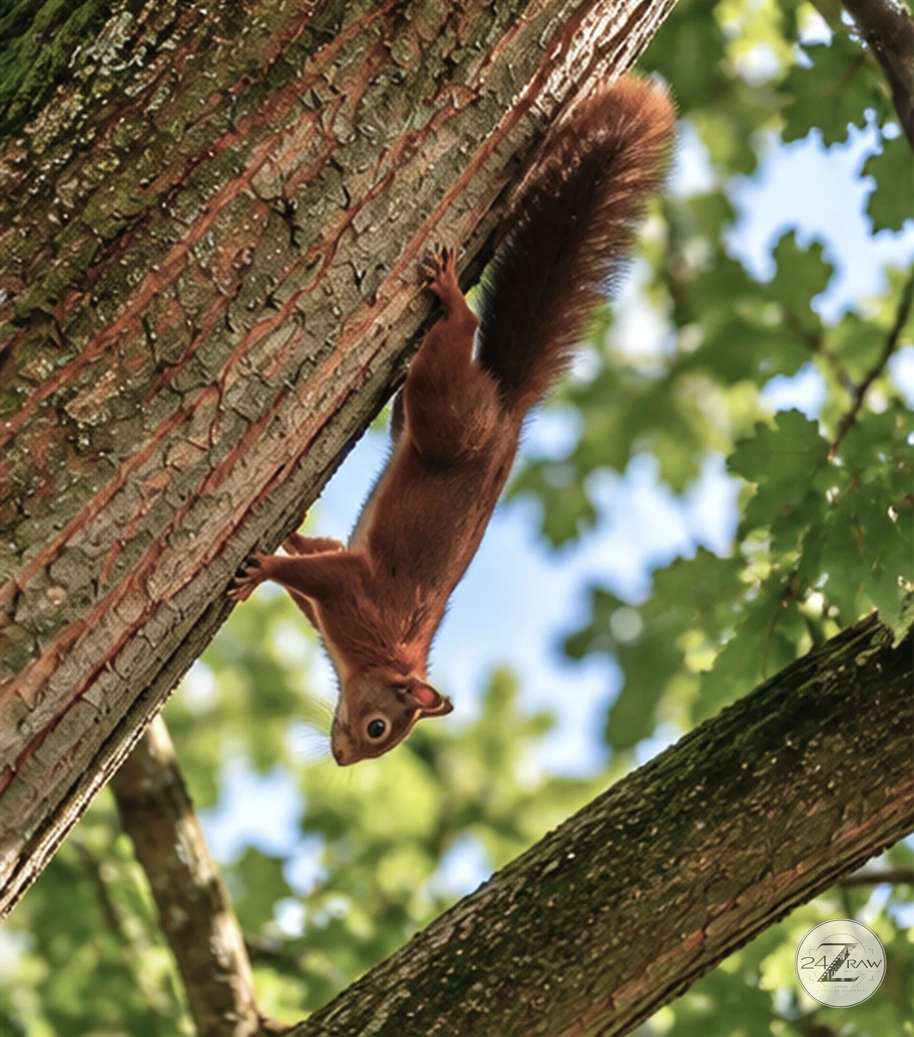 Écureuil roux grimpant sur un arbre au milieu des feuillages verts strasbourg
