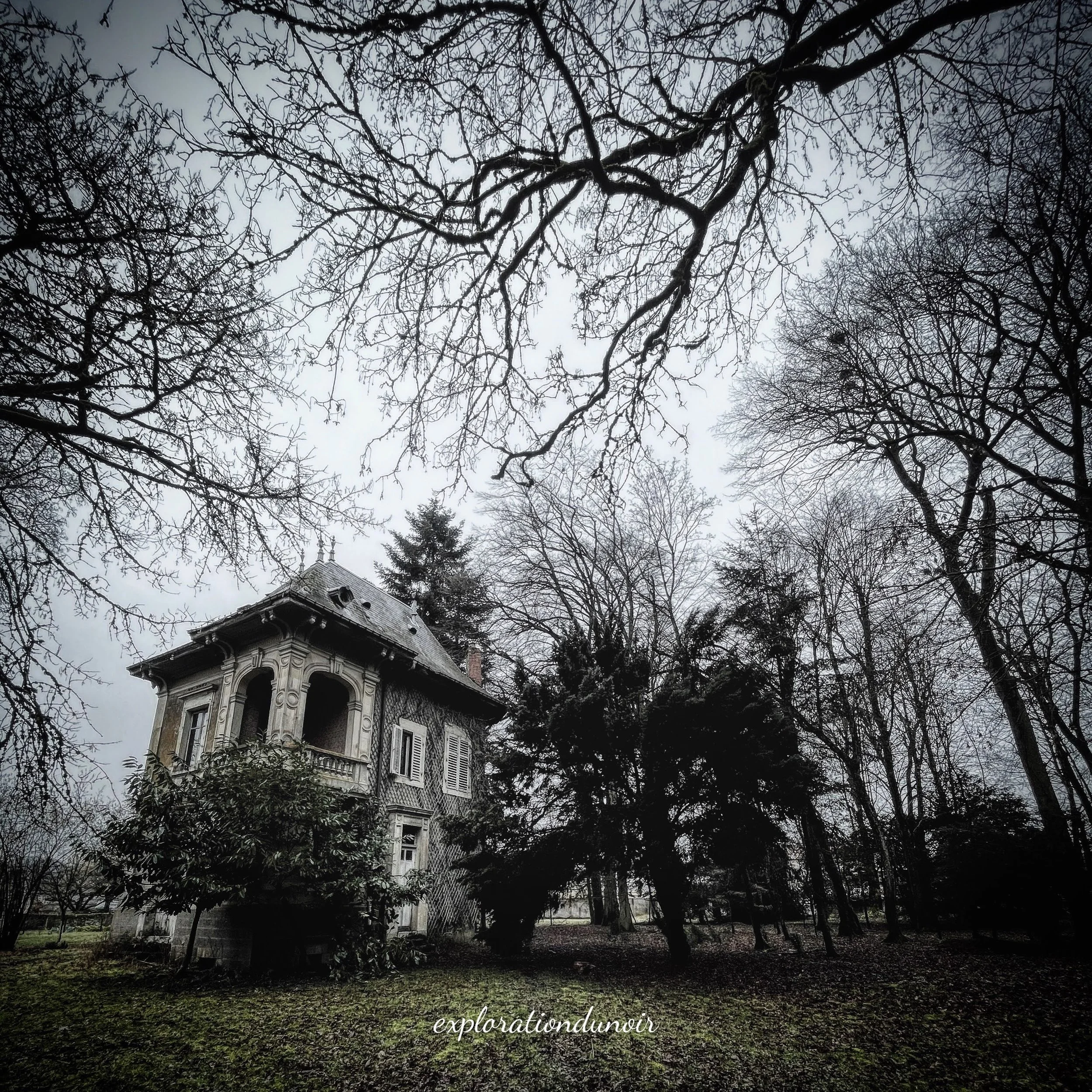 Maison ancienne abandonnée entourée d’arbres
