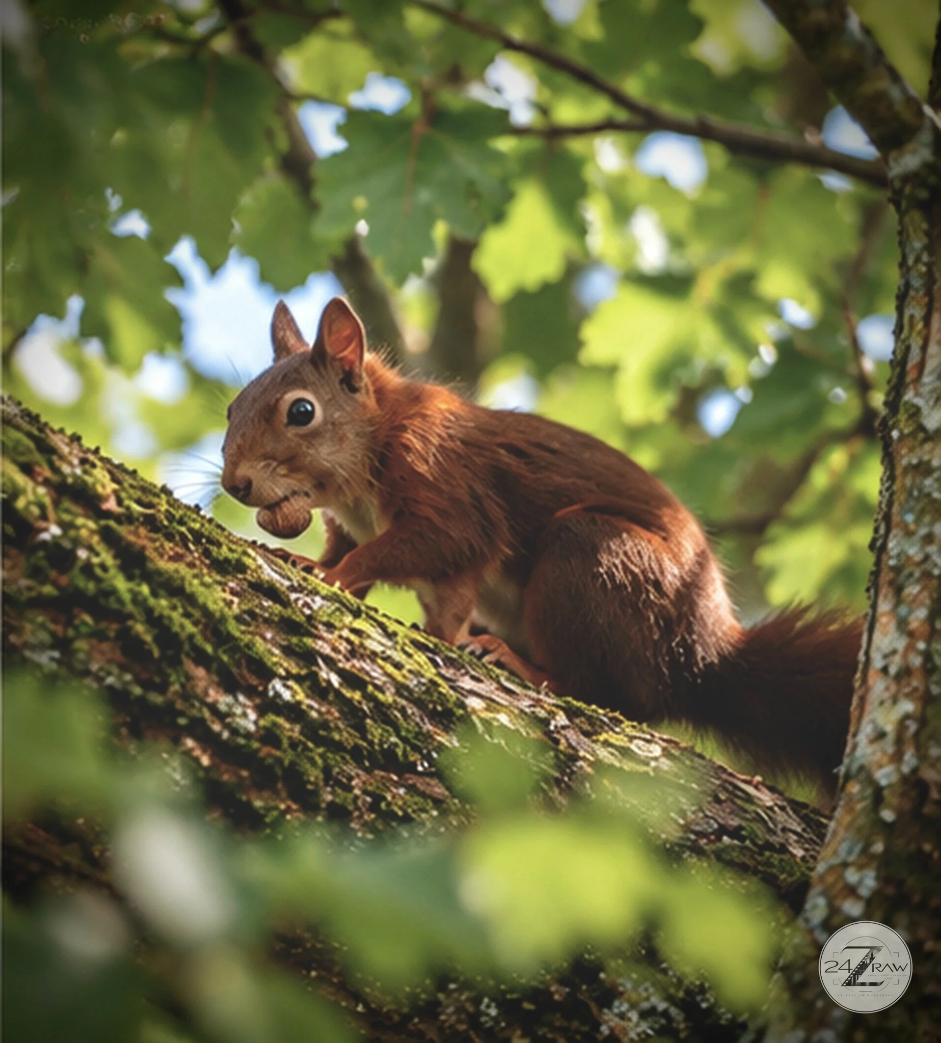 Écureuil roux assis sur une branche couverte de mousse dans la forêt