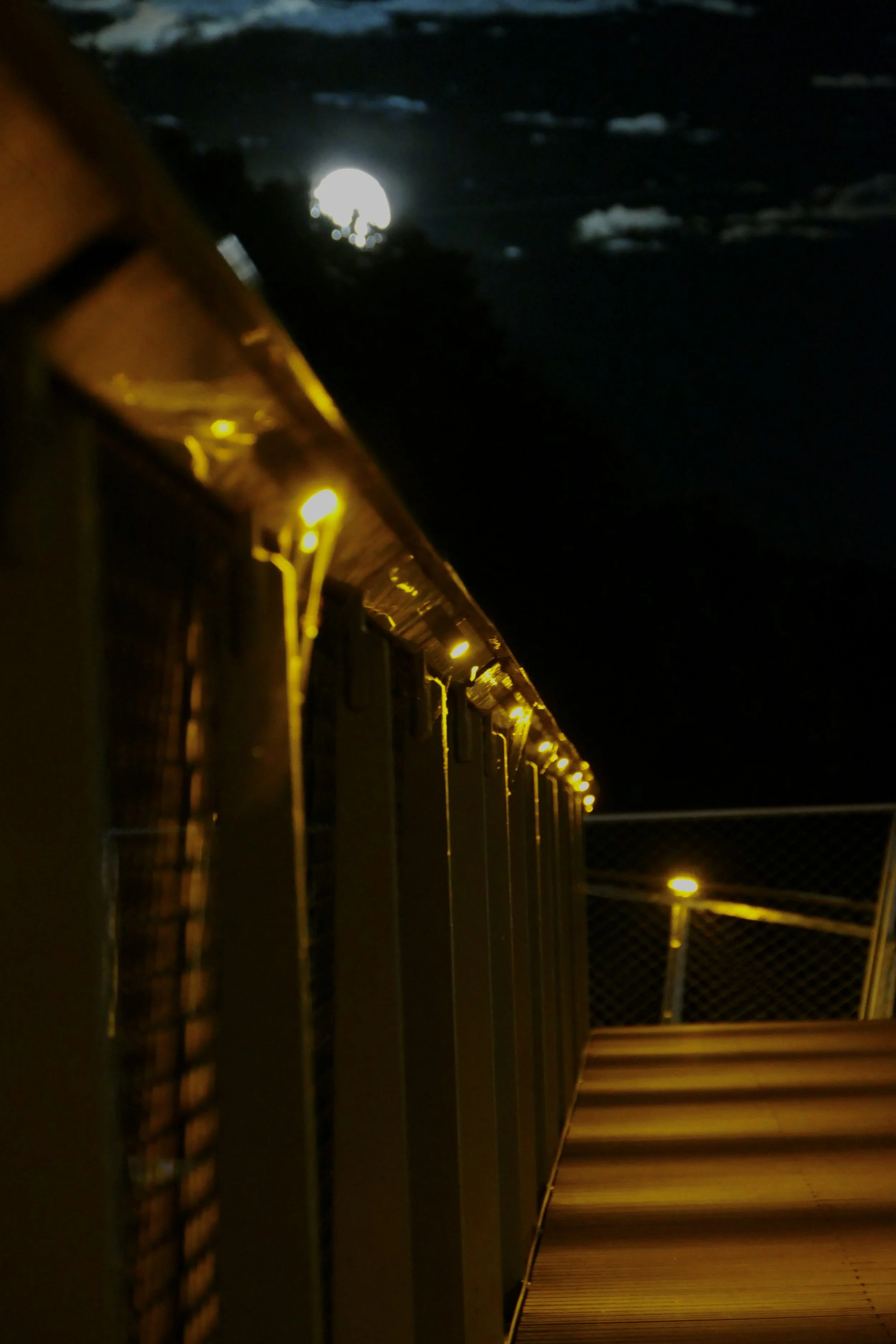Photographie nocturne à Strasbourg montrant la Lune au-dessus d'une passerelle éclairée.