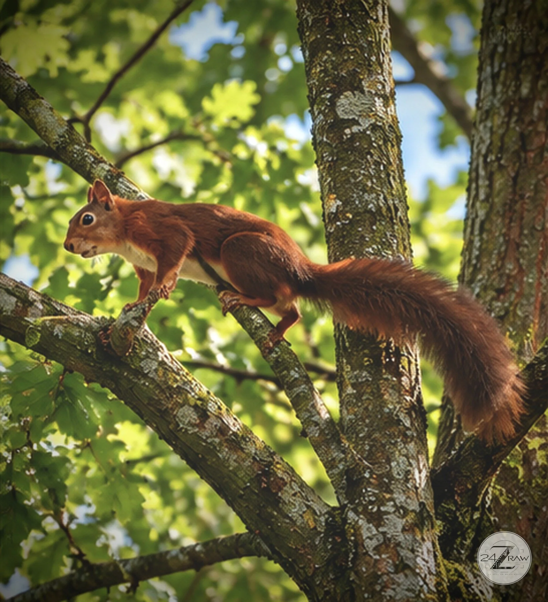 Écureuil roux perché sur une branche dans un environnement forestier