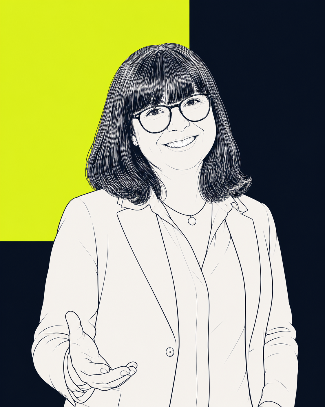 Kristina Muth aus dem JITRO-Team, mit Brille und dunklem Haar, lächelnd und mit einer offenen Handbewegung.