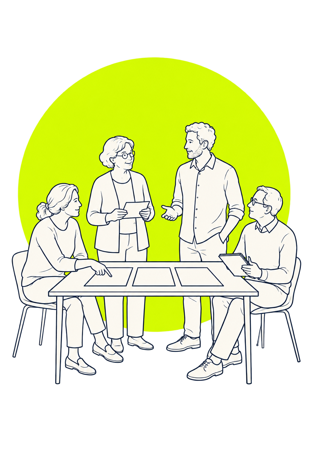 Vier Personen besprechen an einem Tisch die Aufgabenverteilung anhand von Unterlagen.