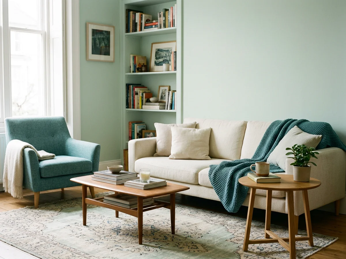 Living room with a beige sofa, a blue armchair, a wooden coffee table with books and bowls, a small wooden side table with a plant and a mug, a rug, and a built-in bookshelf with books and framed pictures, with a large window letting in natural light.