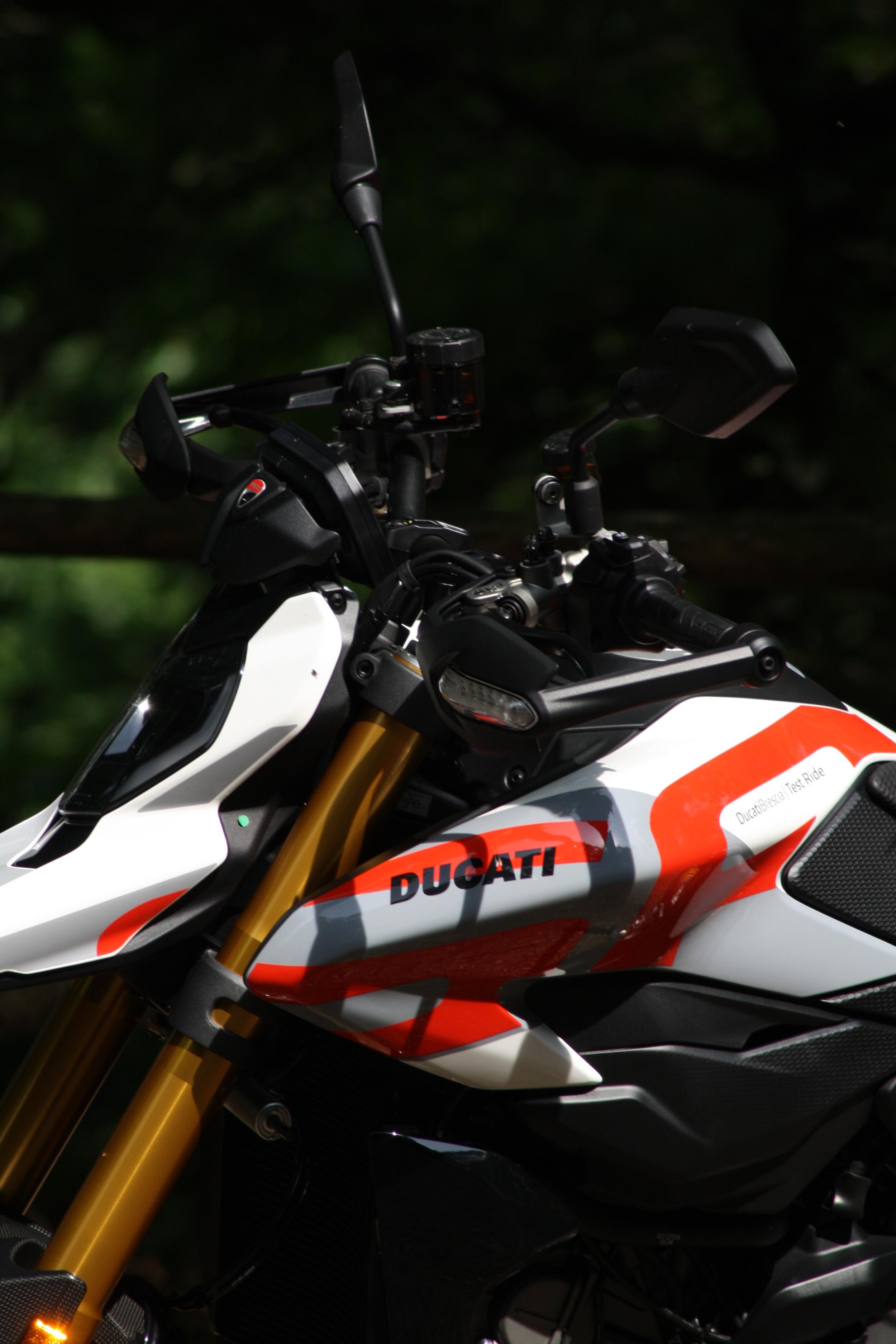 Close-up of a Ducati motorcycle's front section showing the handlebars, mirrors, and gold-colored front suspension forks.