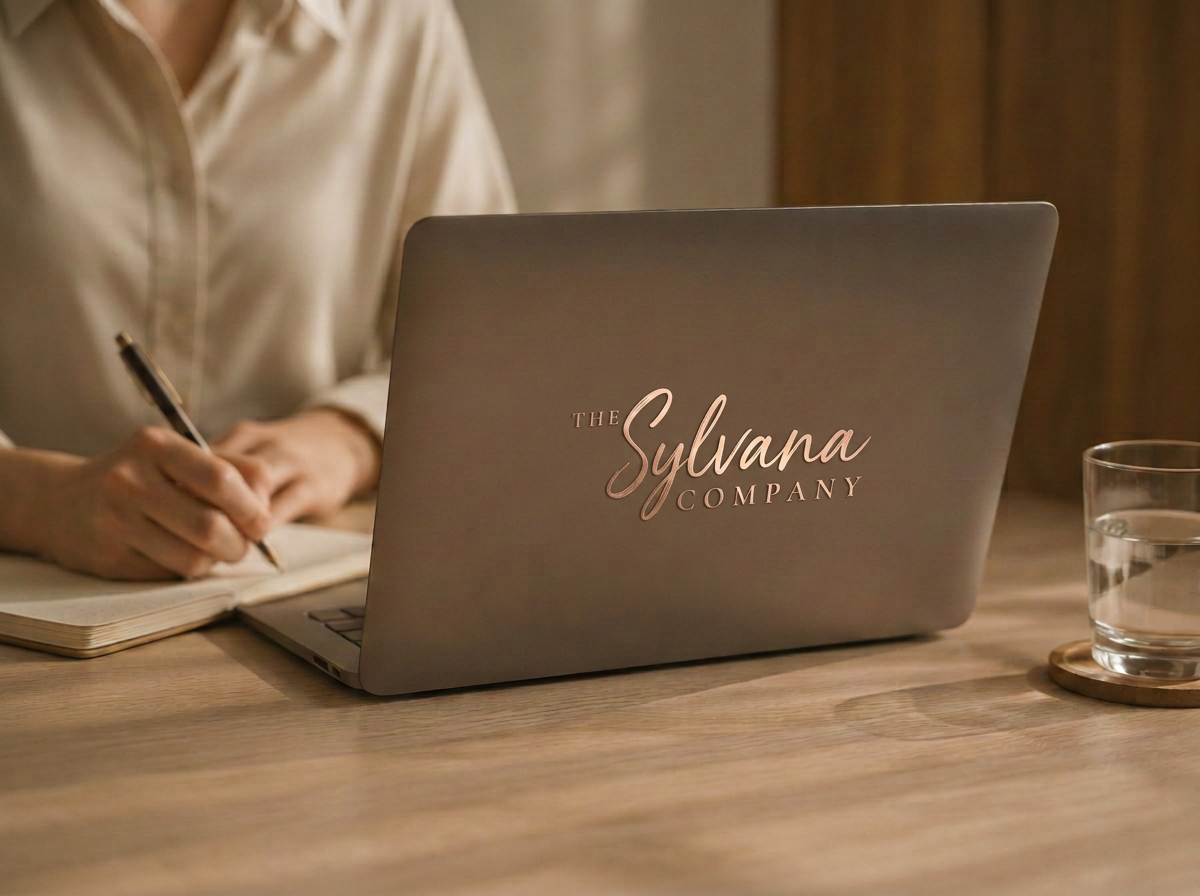 Sylvana die aan een bureau zit en in een notitieboek schrijft, met daarnaast een laptop met de tekst ‘The Sylvana Company’ en een glas water.