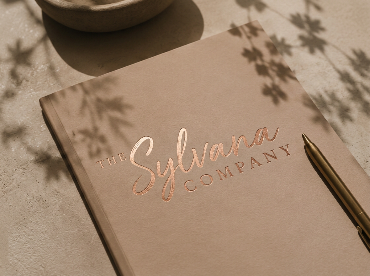 Een beige notitieboek met de tekst ‘The Sylvana Company’ in metallic roségouden letters op de omslag. Rechts naast het notitieboek ligt een gouden pen. Het geheel ligt op een beige ondergrond met een subtiele textuur, waar zachte schaduwen van blader