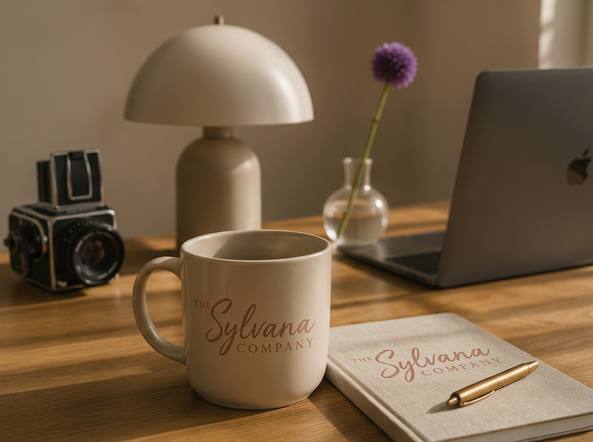 Een sfeervolle werkplek met een koffiemok, een notitieboek, een pen, een laptop, een bureaulamp, een camera en een klein vaasje met een paarse bloem op een houten bureau. The Sylvana Company