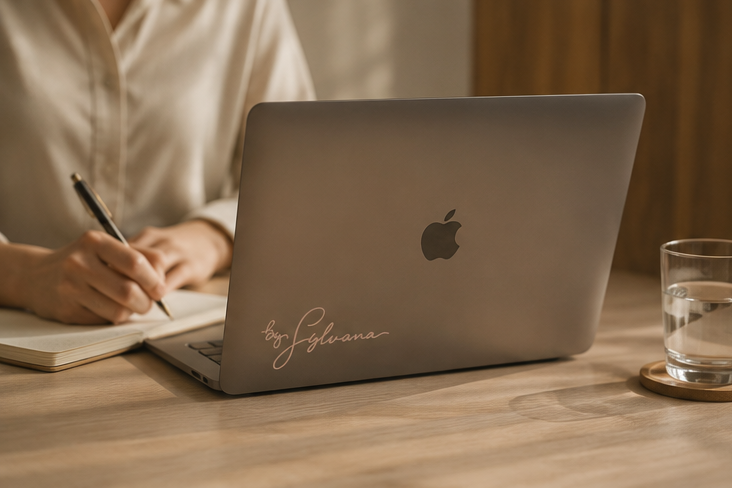 Kantoor met houten tafel, laptop en vaas met witte bloemen – By Sylvana