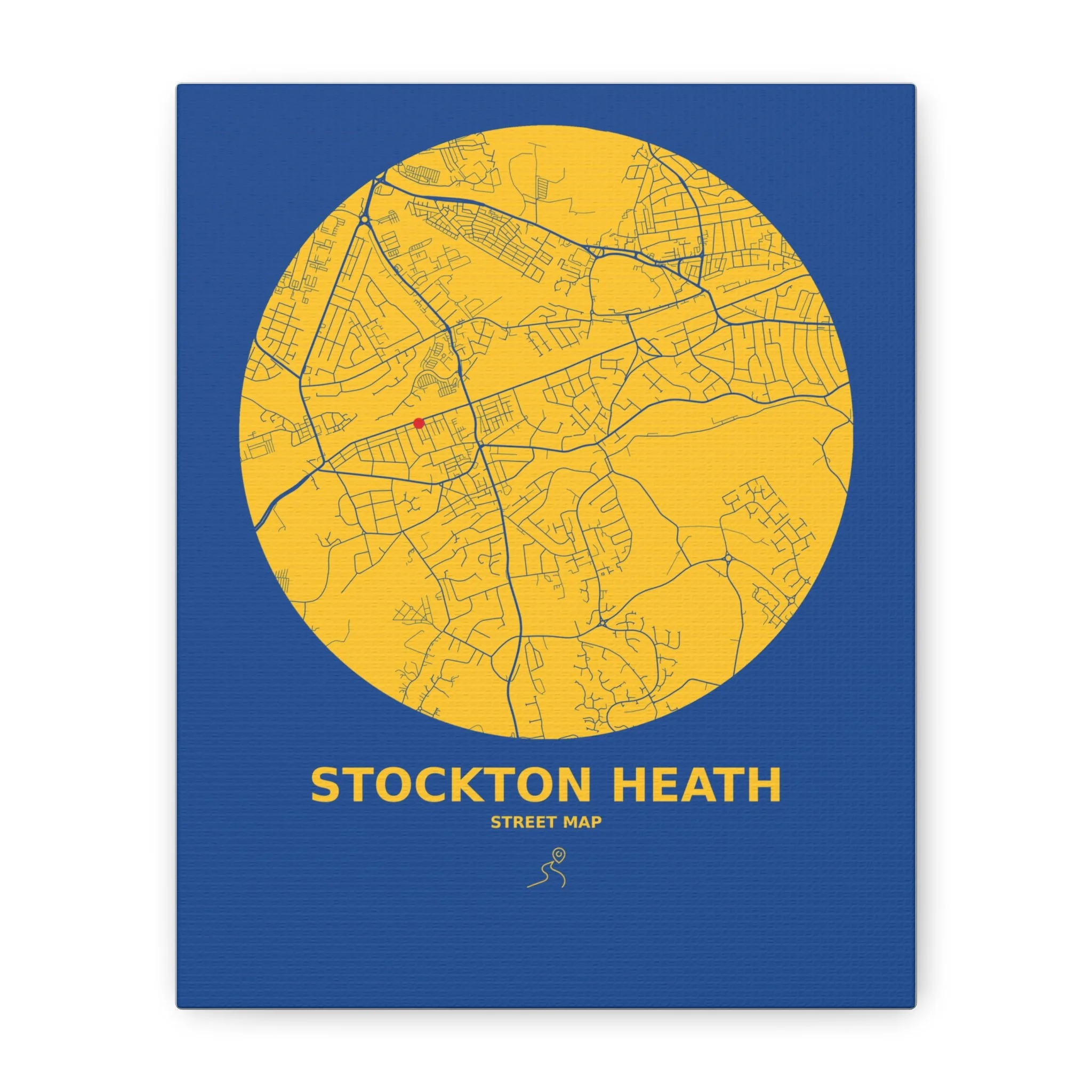 Stockton Heath Map Canvas Print (with bespoke marking) — Modern Yellow & Blue Street Map Wall Art