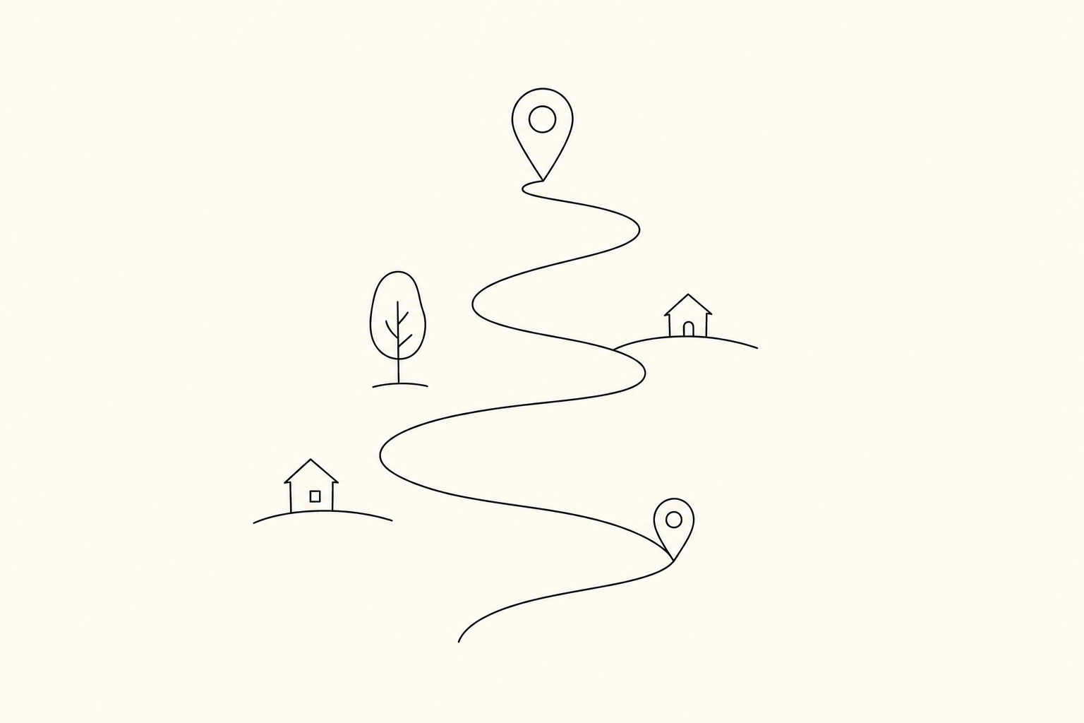 Line drawing of a winding path leading to a house, with trees and additional houses along the route.