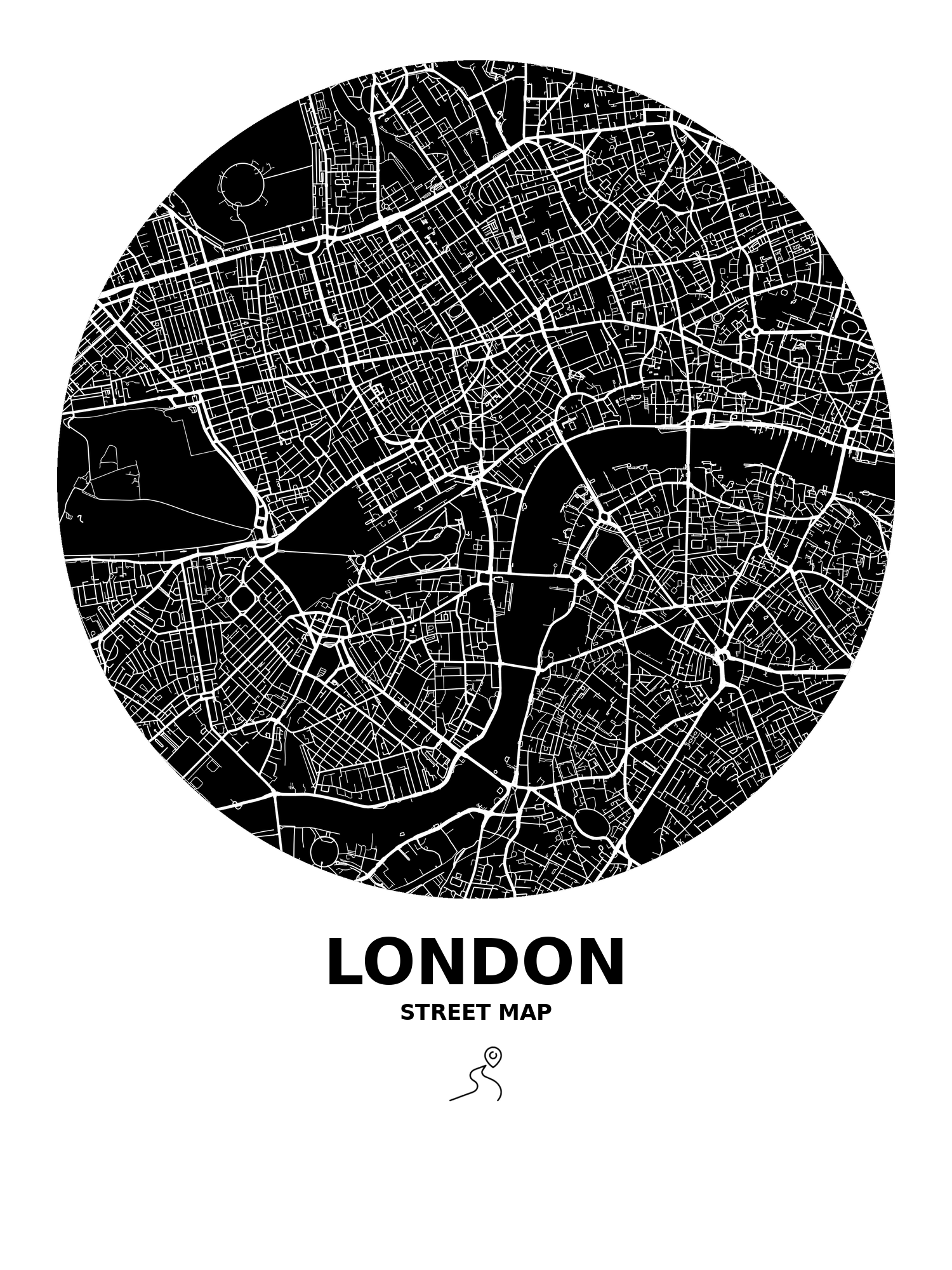 A stylized black and white street map of London, showing detailed road layouts within a circular frame. The map includes various streets, parks, and waterways, with