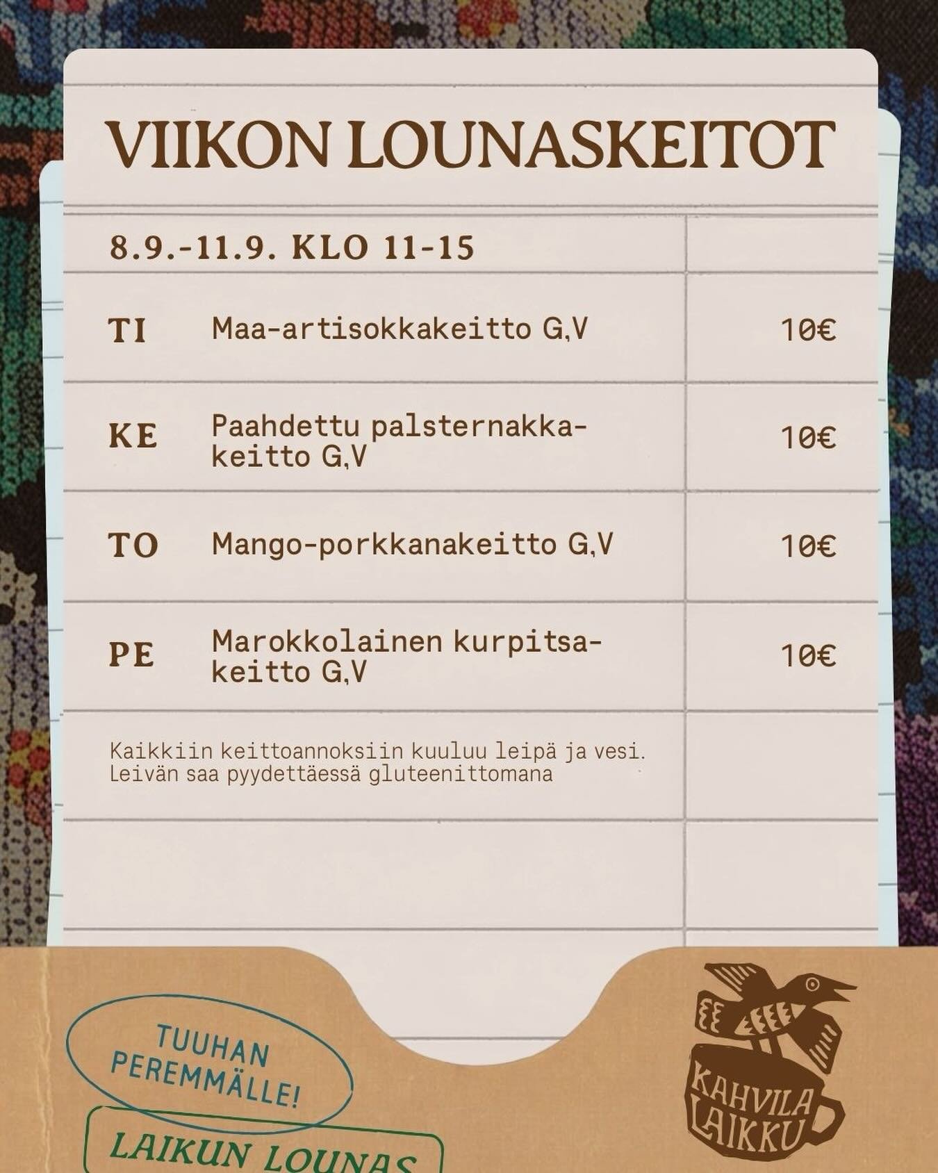T&auml;m&auml;n viikon lounaskeitot, olkaa hyv&auml;t! Keitot tarjolla arkisin klo 11-15.
Keittojen lis&auml;ksi listalta l&ouml;ytyy salaatteja, bowleja ja hummusta, ja tietenkin valikoima suolaisia ja makeita piirakoita, muita kahvilan herkkuja uno