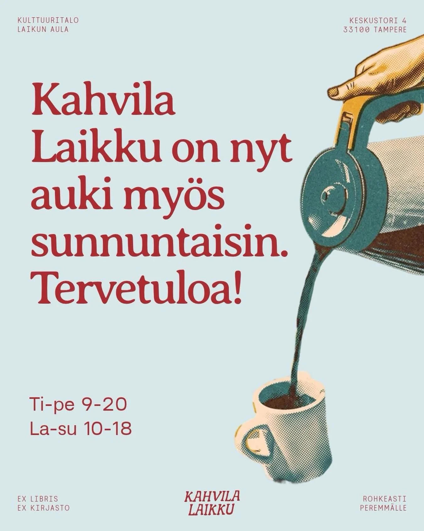 Tiesitk&ouml;, ett&auml; Kahvila Laikku on nyt auki my&ouml;s sunnuntaisin? 🤎

Meill&auml; tarjoillaan kaikenlaista hyv&auml;&auml; pitkin p&auml;iv&auml;&auml;: 12 eri teelaatua, Kahwe Roasteryn kahvia, tuoksuvia leivonnaisia, Sen seitsem&auml;&aum