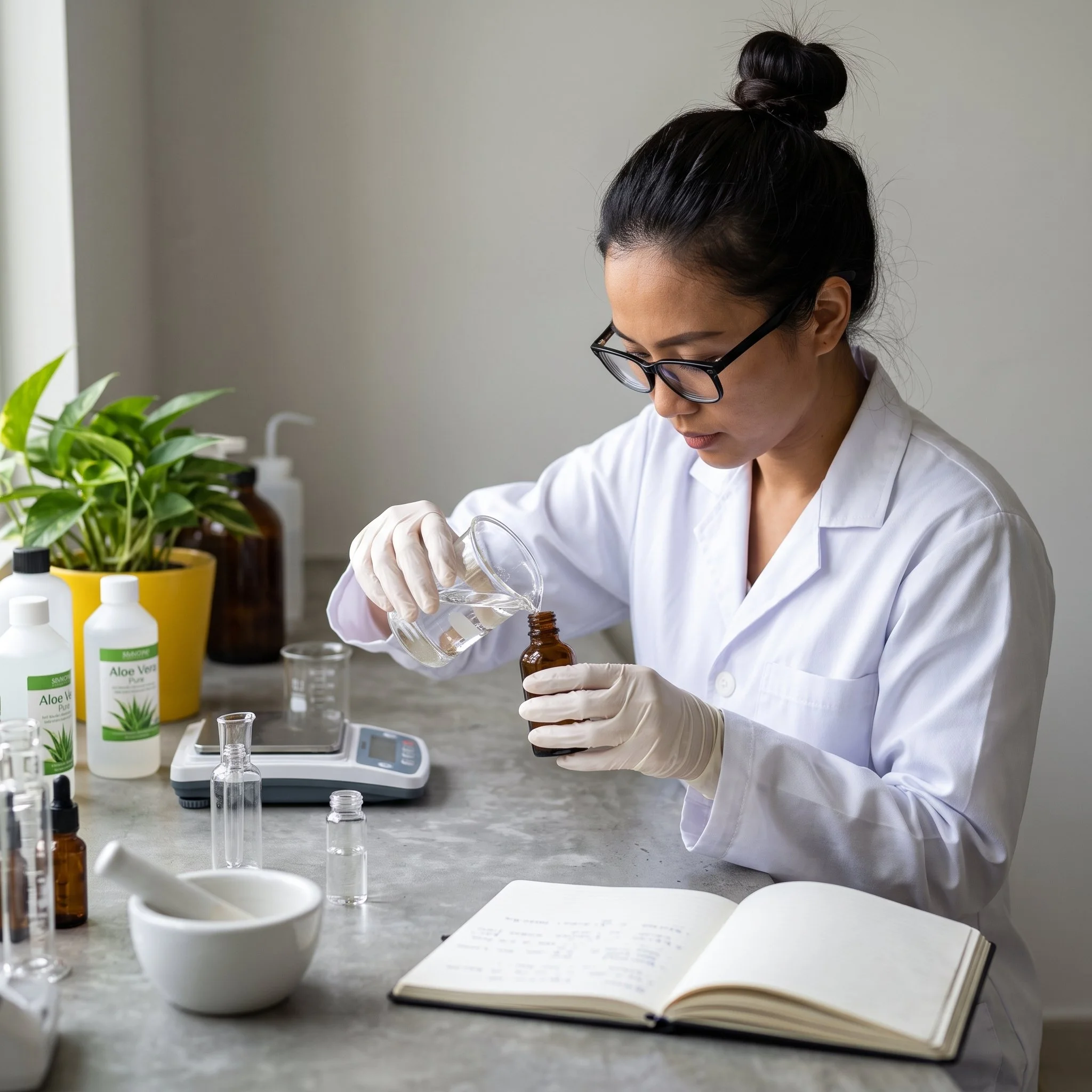 A woman in a white lab coat and glasses is working with laboratory equipment, including small bottles, test tubes, and a scale, in a clinical or research setting.