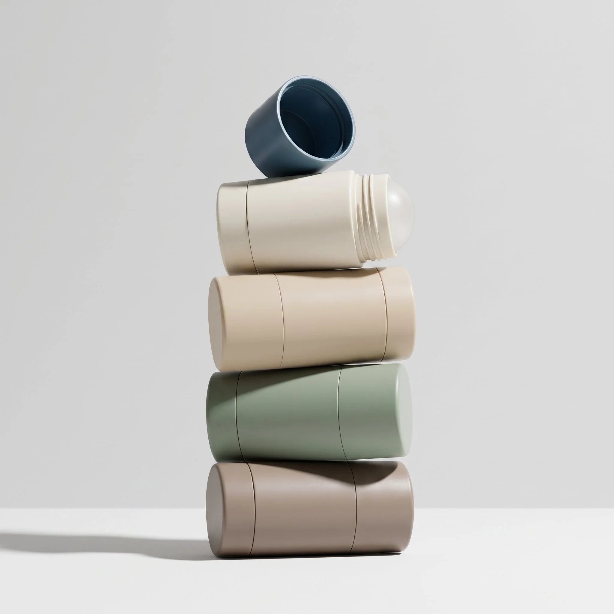 A stack of four pill-shaped objects in various pastel colors, with a gray background and soft shadows.