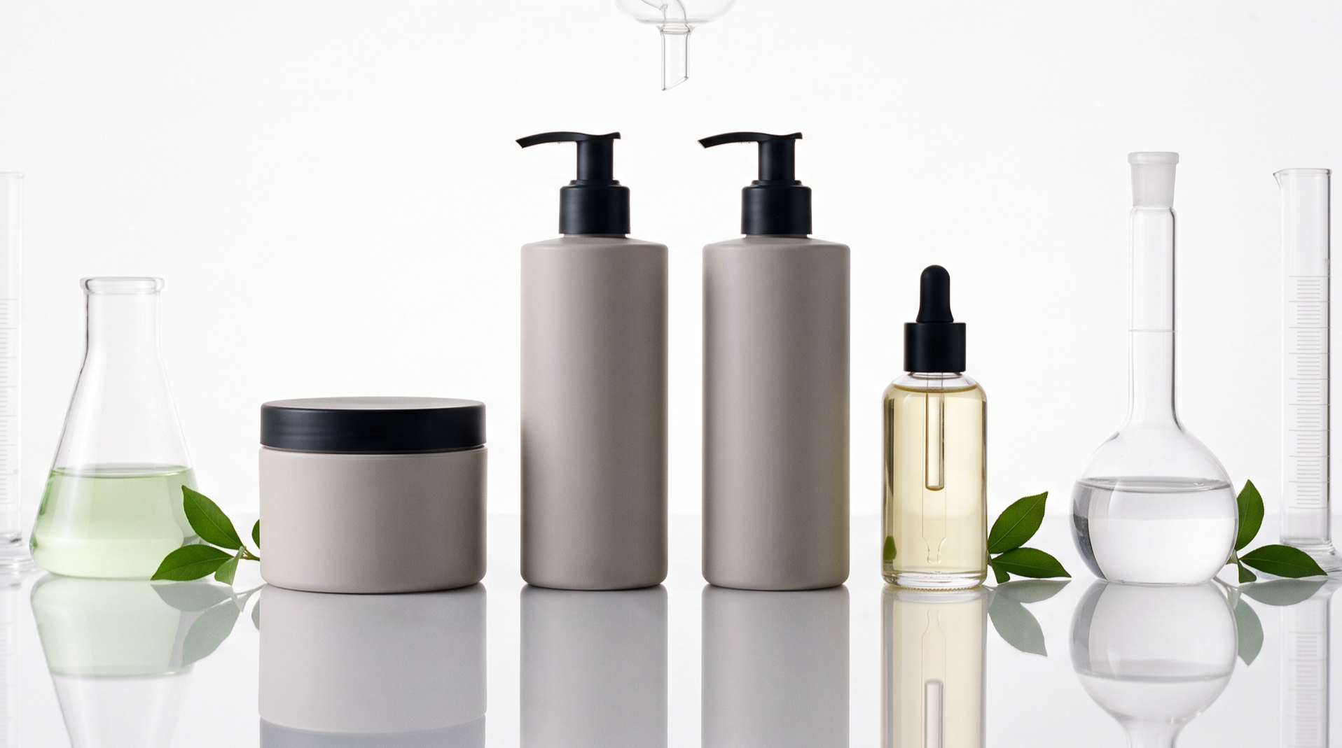 Assorted skincare bottles and containers with green leaves on a reflective surface against a white background.
