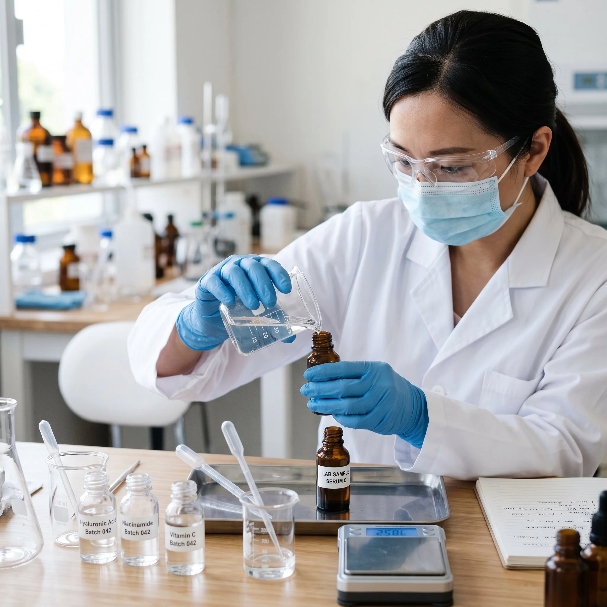 A scientist in safety glasses and a face mask is working with laboratory glassware and samples labeled with various chemicals and vitamins, in a clean laboratory setting.