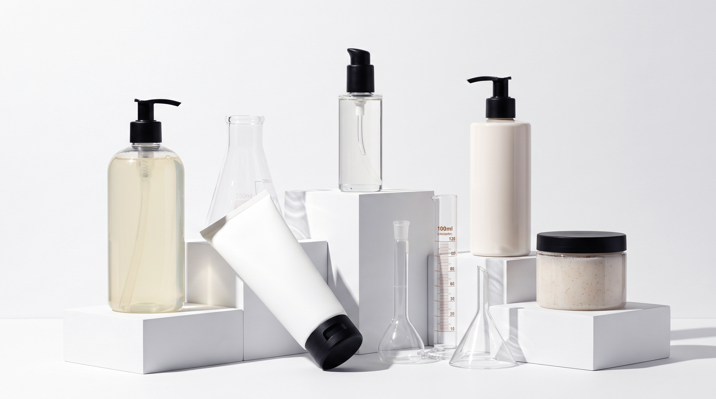 Collection of a pump dispenser bottle, body lotion, shower gel bottle, and a jar of cream.