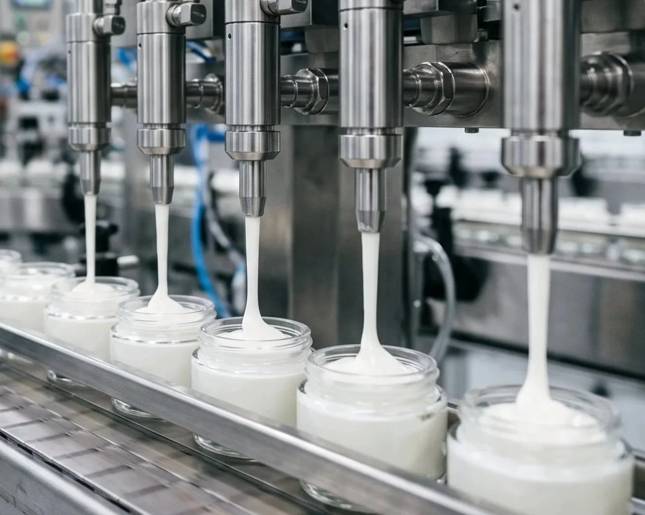 Machine filling small glass jars with white cream in an industrial setting.