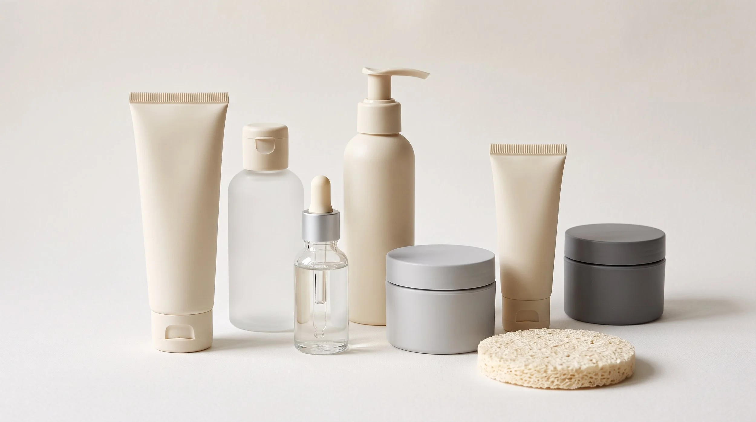A collection of minimalist skincare products in neutral tones, including squeeze tubes, a pump bottle, a dropper bottle, jars, and textured scrub pads, set against a plain background.