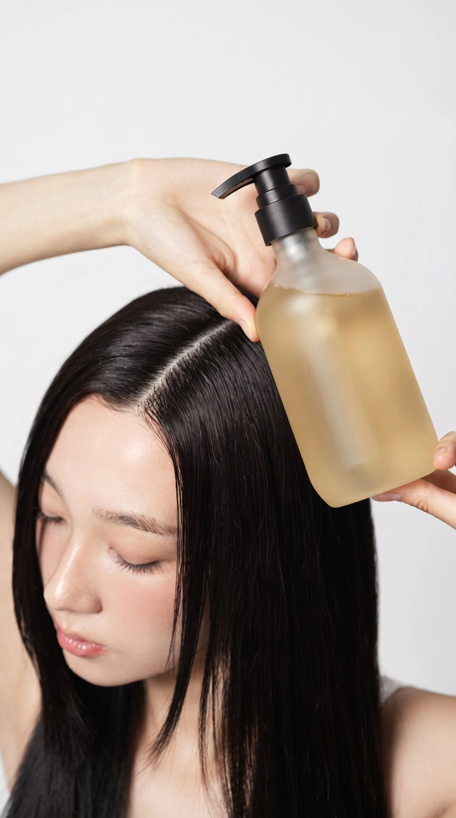 A woman with straight, dark hair is having hair oil or serum applied to her scalp with a pump bottle by a stylist. The woman has her eyes closed and looks relaxed.