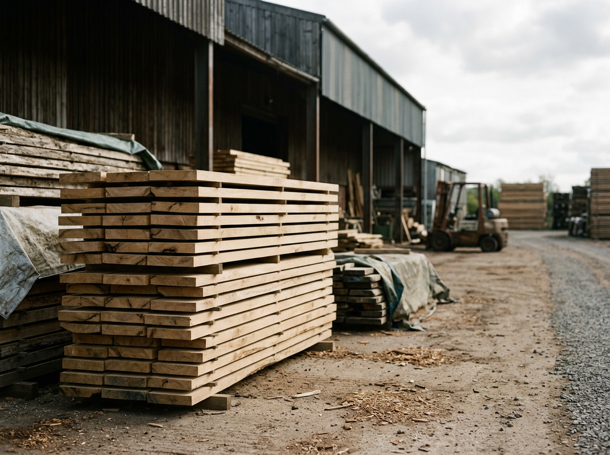 Stacks of cut lumber and wood planks outside a warehouse, with a forklift and more lumber in the background on a gravel lot.