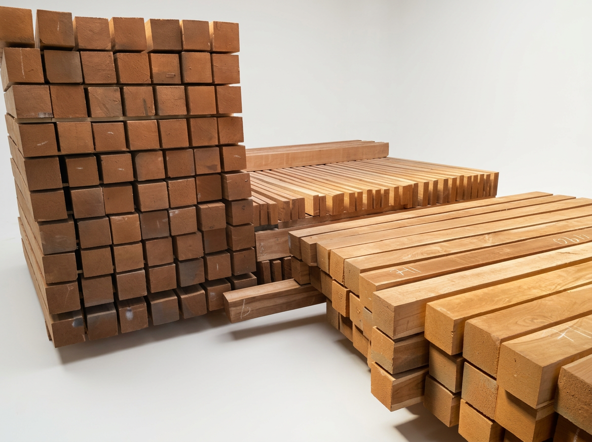 Stacked and arranged Teak planks and rectangular wooden blocks on a plain white surface.