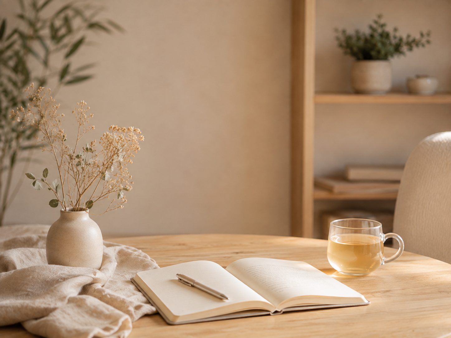 Ein runder Holztisch mit einer offenen Notizbuch, einem Kugelschreiber, einer Tasse Tee, einer Vase mit getrockneten Blumen, einem cremefarbenen Tuch, im Hintergrund ein Bücherregal mit Pflanzen und Büchern.