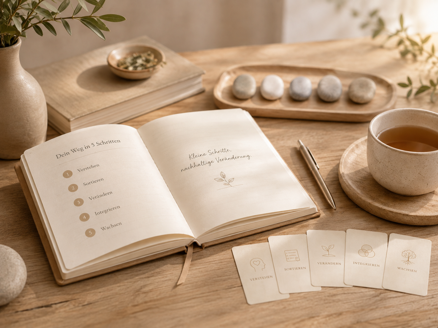 Ein geöffnetes Notizbuch mit dem Titel 'Dein Weg in 5 Schritten'.
