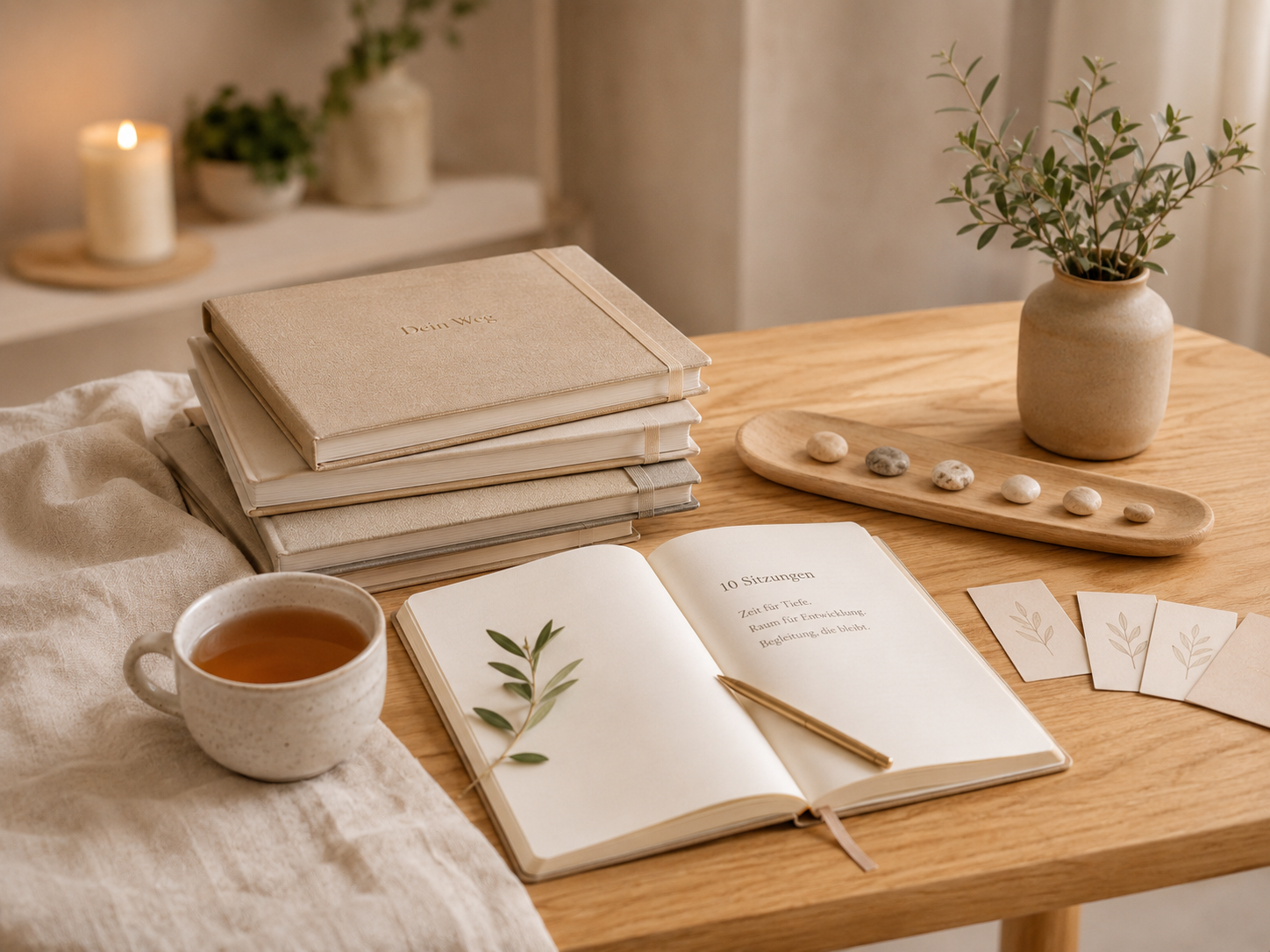 Hübscher Schreibbereich mit offenen Buch, Stift, mehreren geschlossenen Notizbüchern, Teetasse, Steinen und Pflanze im Keramiktopf auf Holztisch, im Hintergrund Kerze und Pflanzen