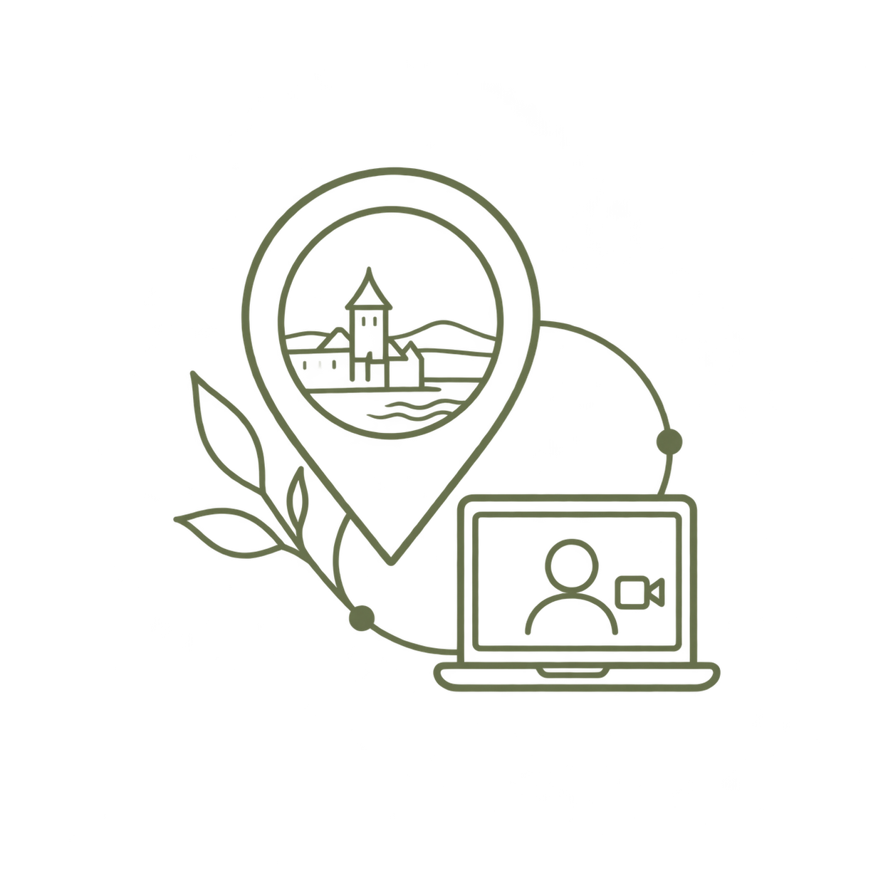 Digitales Symbol für virtuelle Touren mit einem Kartenpin, der eine Stadt mit einem Turm und Bergen zeigt, verbunden mit einem Laptop, auf dem eine Videoaufnahme einer Person zu sehen ist.